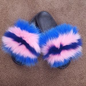 Pink and Blue Fox Fur Sandals